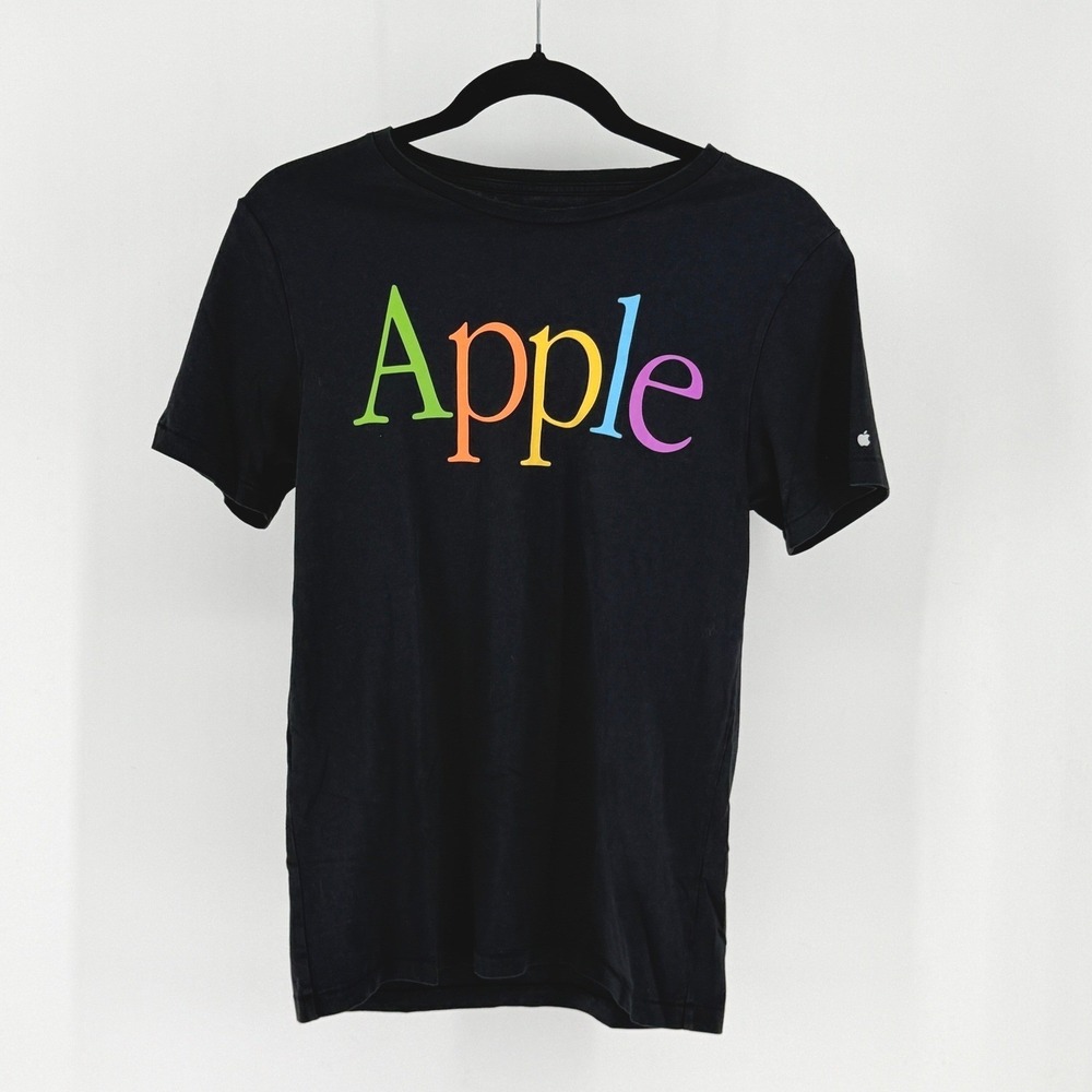 VTG Apple Campus T-Shirt Black Rainbow Graphic Logo Tech XS Y2k Single stitch